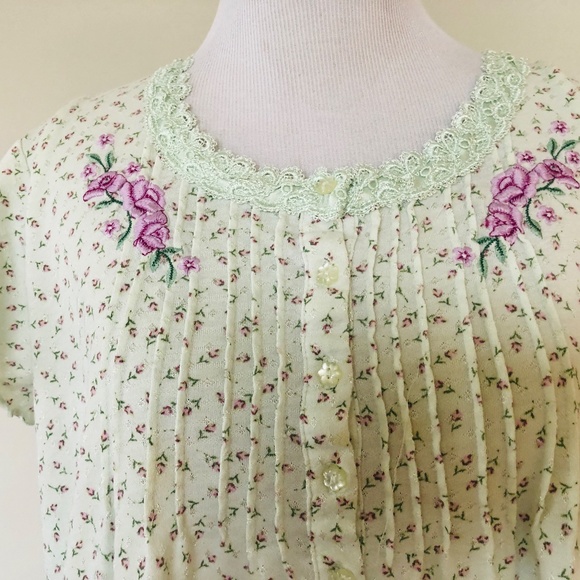Green Turquoise Floral Pullover Nightgown Large SECRET TREASURES Short Sleeves - Picture 2 of 10